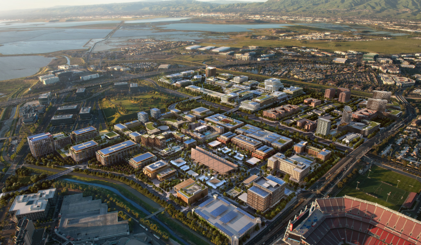 A rendering of a cityscape with a stadium in the corner.