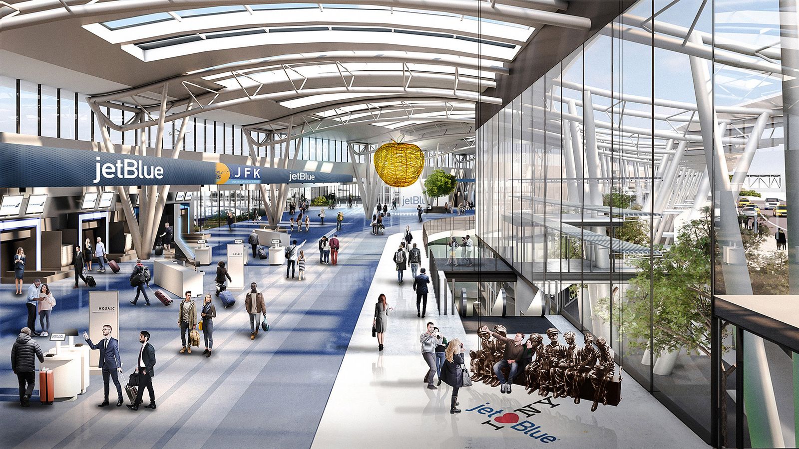 Rendering of vast airport space with floor to ceiling windows on the right and skylights above.