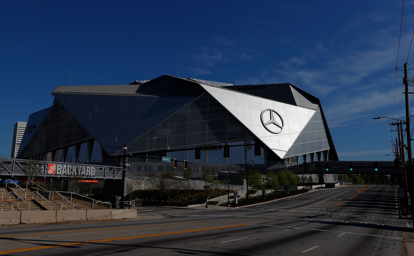 A photo of the exterior of Mercedes-Benz stadium.